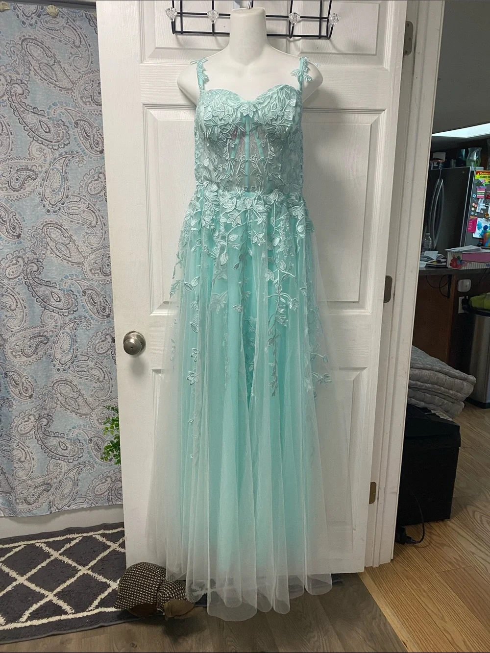 Aqua Floral Appliqué Tulle Gown